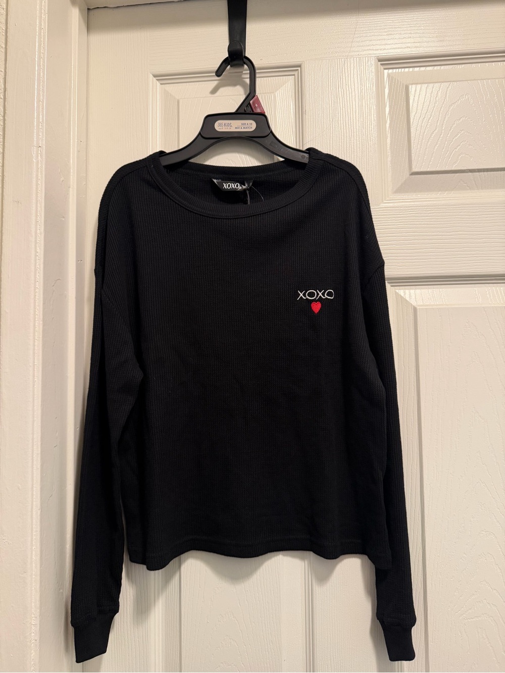 XOXO Black Ribbed Long Sleeve Top with Red Heart Embroidery